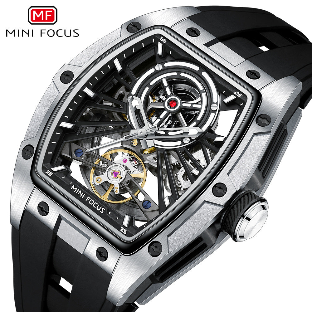 MINIFOCUS MF0603G Skeleton Automatic Watch for Men | Stainless Steel Barrel Case | Mechanical Wristwatch with Luminous Hands | MF0603G