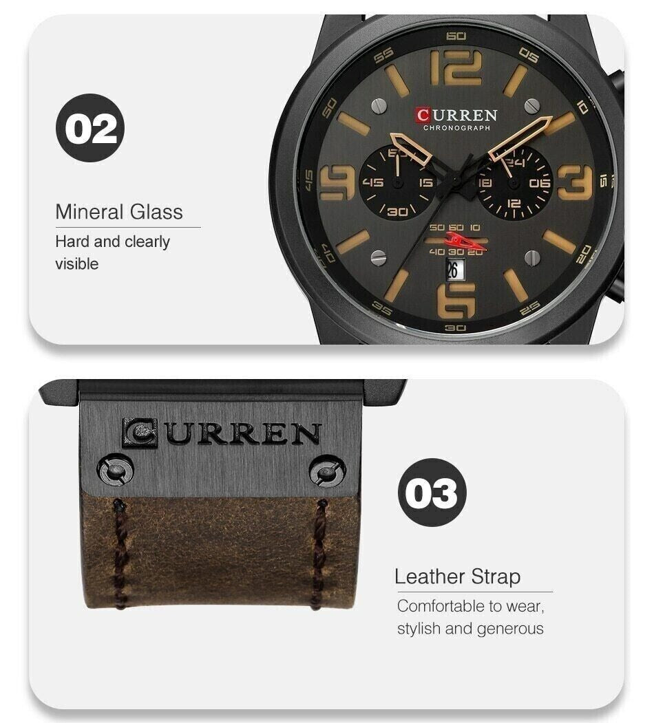 Herren Lederuhr Chronograph Armbanduhr Business Quarz Kalender Militäruhr | 8314 