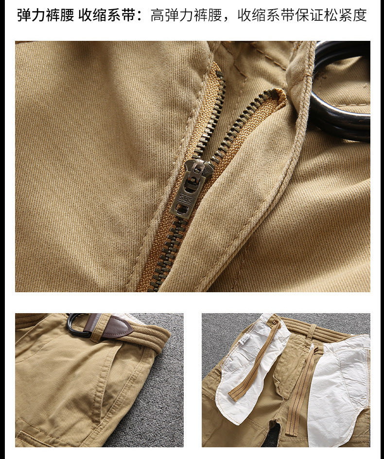 Herren Sommer Locker Gerader Gürtel Outdoor Solide Baumwolle Multi Pocket Shorts | 170 