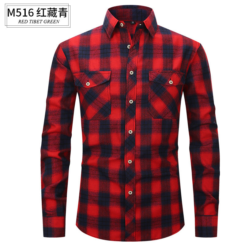 Herren Slim Wear Plaid Premium Langarm Doppeltasche Flanell Außenhandelshemd | M501 