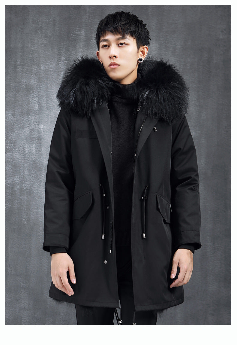 Aourun Men's Long Parka with Fox Fur Trim | 2025 Winter Hooded Jacket | Plush Mid-Length Faux Fur Lined Coat | 210