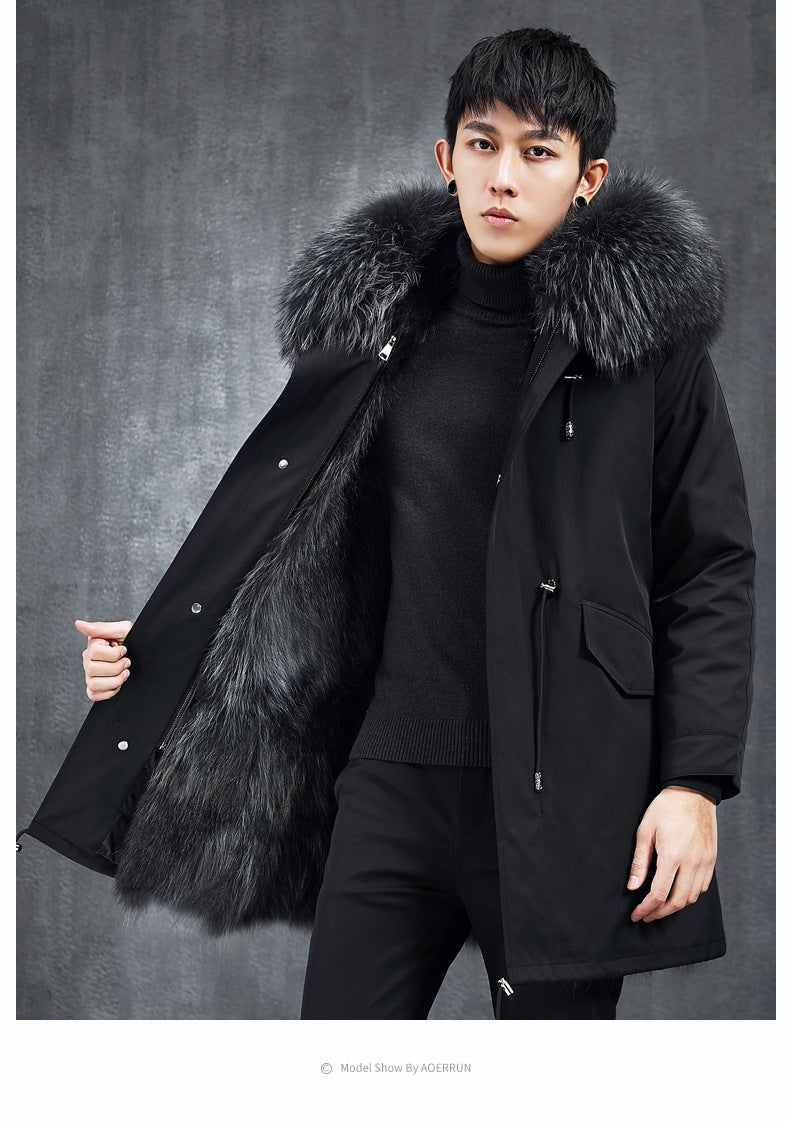 Aourun Men's Long Parka with Fox Fur Trim | 2025 Winter Hooded Jacket | Plush Mid-Length Faux Fur Lined Coat | 210
