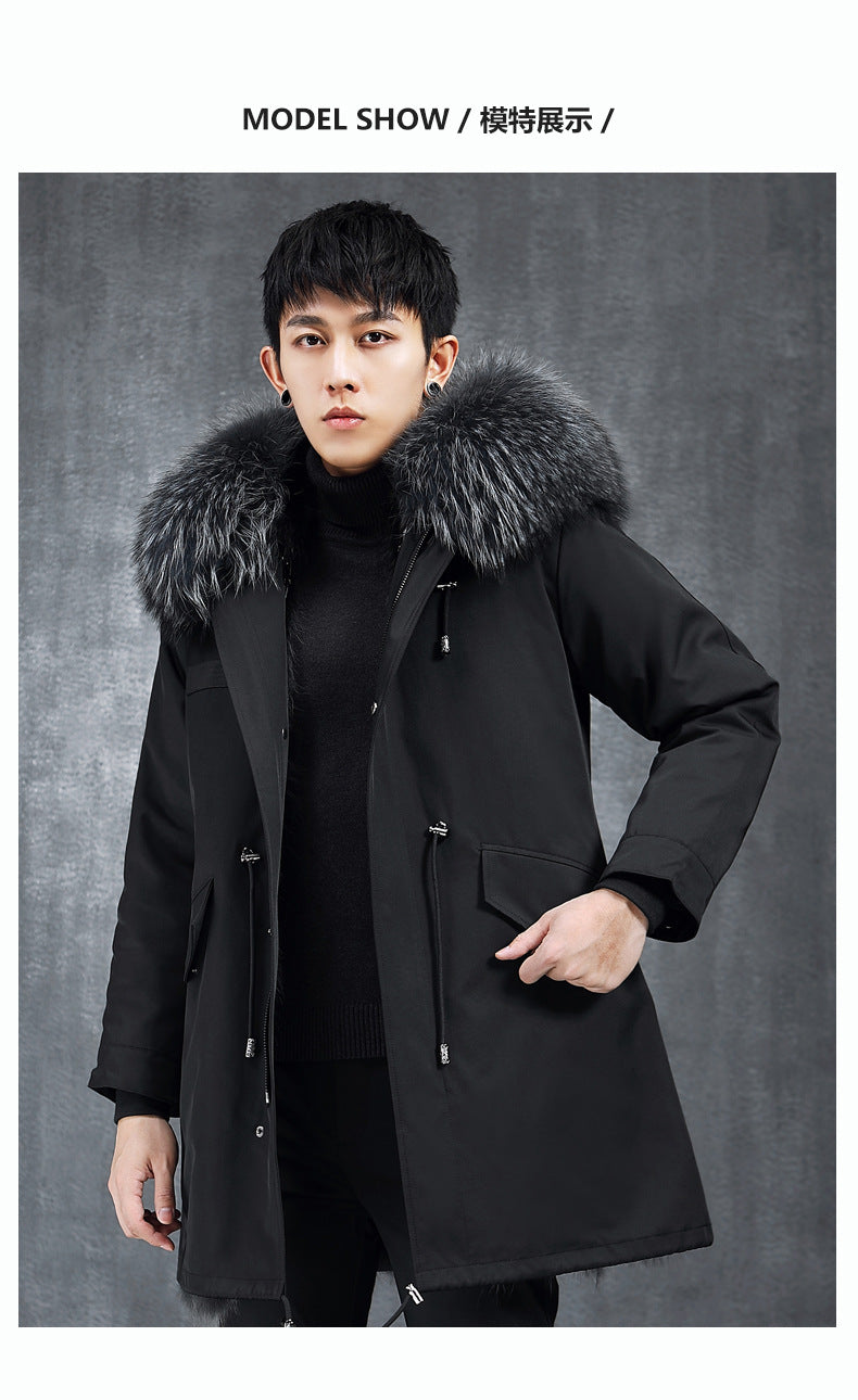 Aourun Men's Long Parka with Fox Fur Trim | 2025 Winter Hooded Jacket | Plush Mid-Length Faux Fur Lined Coat | 210