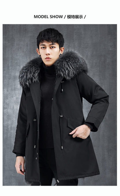 Aourun Men's Long Parka with Fox Fur Trim | 2025 Winter Hooded Jacket | Plush Mid-Length Faux Fur Lined Coat | 210