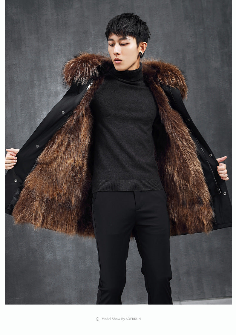 Aourun Men's Long Parka with Fox Fur Trim | 2025 Winter Hooded Jacket | Plush Mid-Length Faux Fur Lined Coat | 210