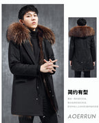 Aourun Men's Long Parka with Fox Fur Trim | 2025 Winter Hooded Jacket | Plush Mid-Length Faux Fur Lined Coat | 210