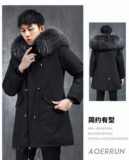Aourun Men's Long Parka with Fox Fur Trim | 2025 Winter Hooded Jacket | Plush Mid-Length Faux Fur Lined Coat | 210