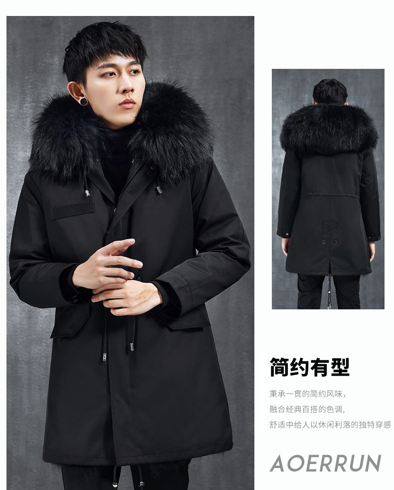 Aourun Men's Long Parka with Fox Fur Trim | 2025 Winter Hooded Jacket | Plush Mid-Length Faux Fur Lined Coat | 210