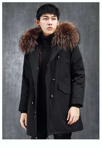 Aourun Men's Long Parka with Fox Fur Trim | 2025 Winter Hooded Jacket | Plush Mid-Length Faux Fur Lined Coat | 210