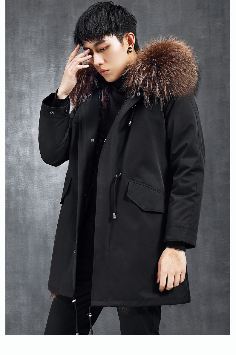 Aourun Men's Long Parka with Fox Fur Trim | 2025 Winter Hooded Jacket | Plush Mid-Length Faux Fur Lined Coat | 210