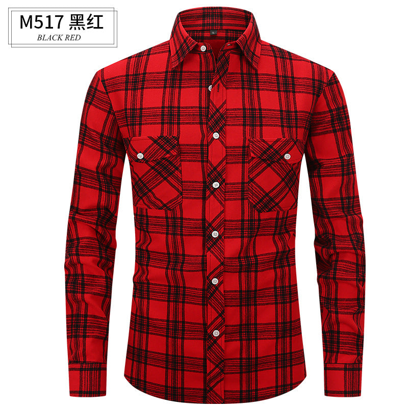 Men Slim Wear Plaid Premium Long Sleeve Double Pocket Flannel Foreign Trade Shirt | M501