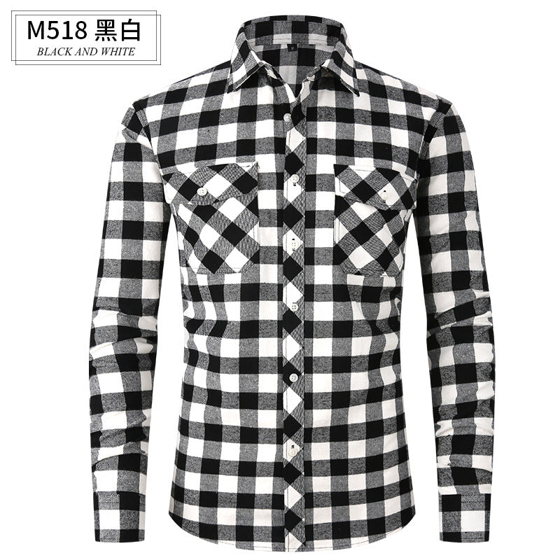 Men Slim Wear Plaid Premium Long Sleeve Double Pocket Flannel Foreign Trade Shirt | M501