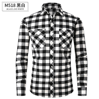 Men Slim Wear Plaid Premium Long Sleeve Double Pocket Flannel Foreign Trade Shirt | M501