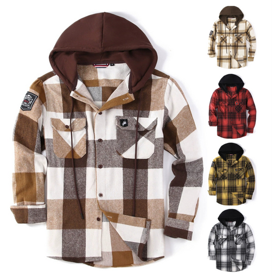 Men's Thick Hooded Plaid Flannel Shirt European & American Style Warm & Loose Fit | S02