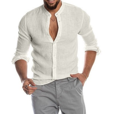 Men's Casual Shirts Solid Color Linen Long Sleeve Stand Collar Cardigan Shirt | 418