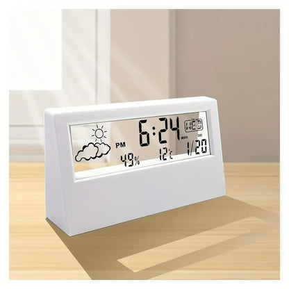 Moderne transparente LED-Digitaluhr – Temperatur und Luftfeuchtigkeit, Wettersymbole, Heim- und Bürodekor | 2158 