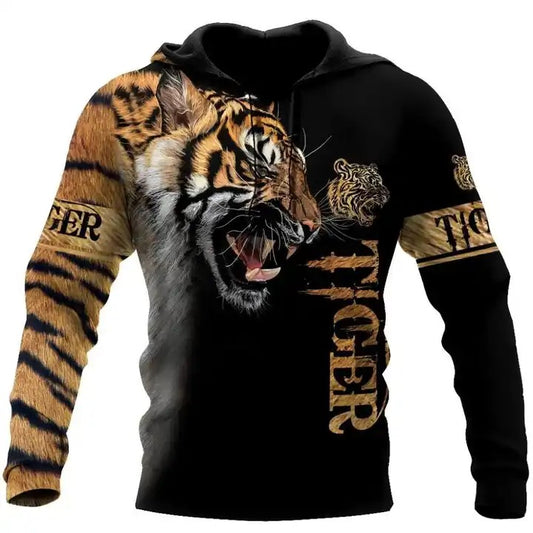 Pull à capuche décontracté avec impression numérique 3D de tigre pour homme 