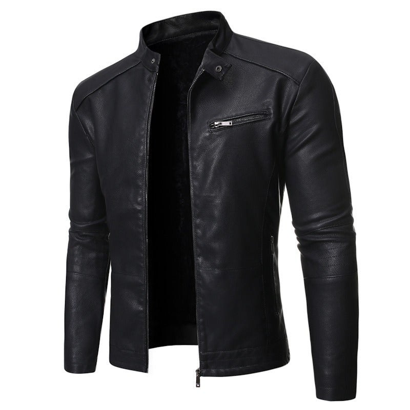 Winter Herren Motorrad Lederjacke Stehkragen Ledermantel 