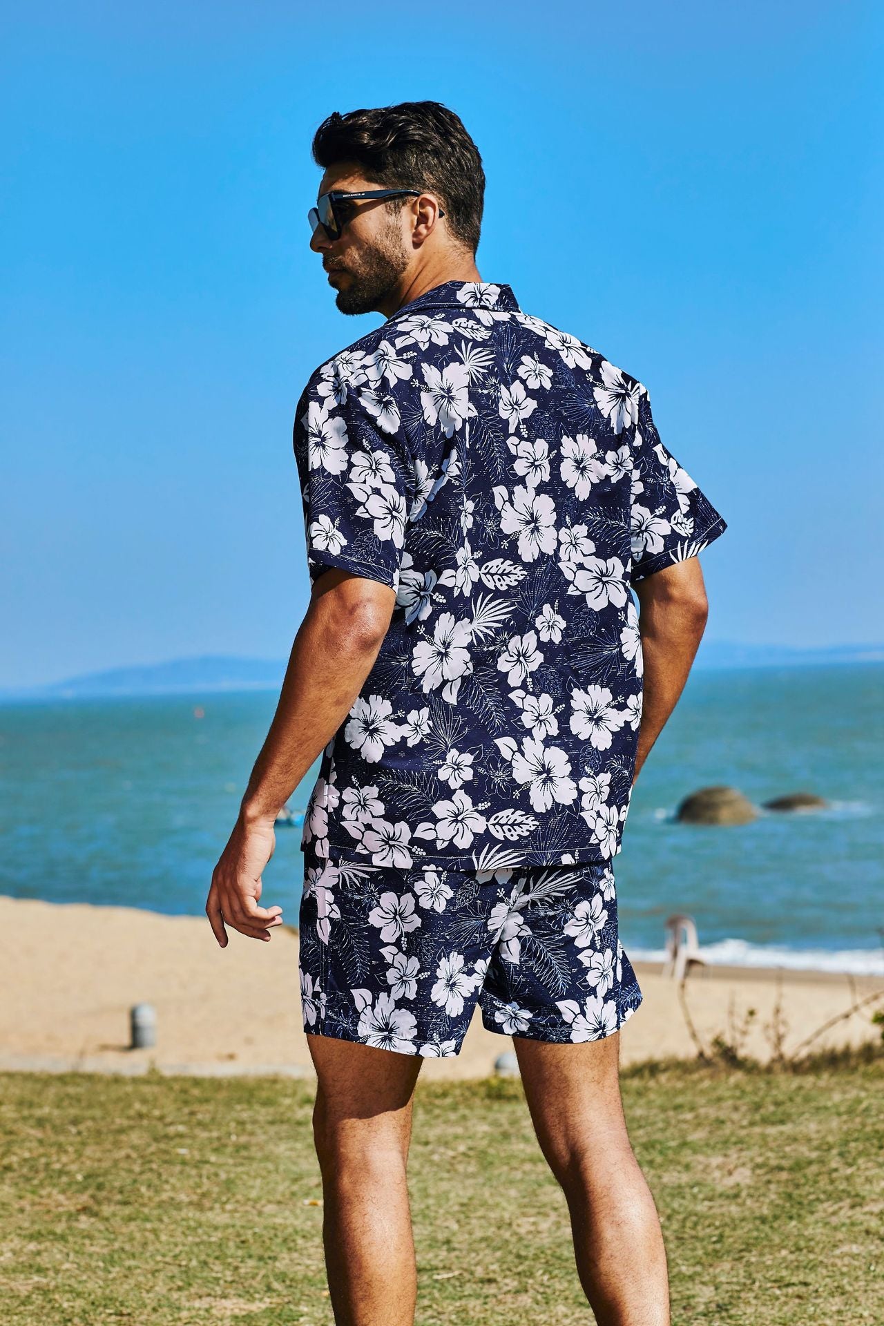 Camicia da uomo corta 2 pezzi hawaiana stampa tropicale ampia casual set | ST05 