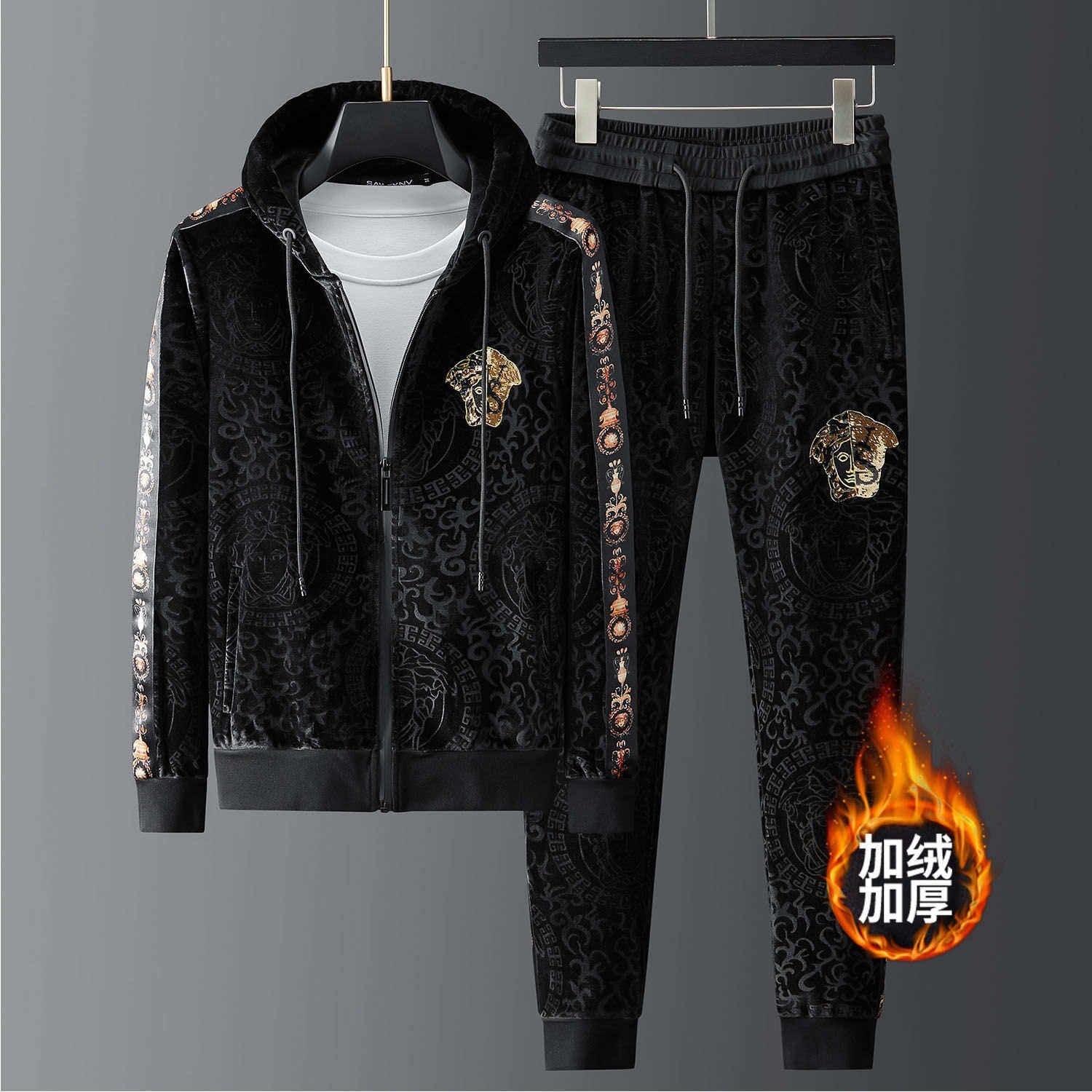 Hochwertiger, warmer, vielseitiger 2-teiliger Sportanzug mit Kapuze aus Samtstoff | 2091 