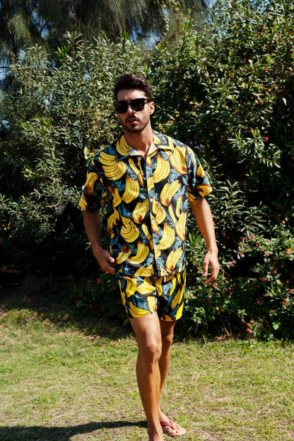 Camicia da uomo corta 2 pezzi hawaiana stampa tropicale ampia casual set | ST05 