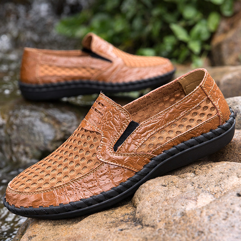 Leichte Herren-Loafer aus Rindsleder im Retro-Stil, handgenäht, zum Hineinschlüpfen mit weicher Mesh-Sohle für Outdoor-Reisen | HB3399 