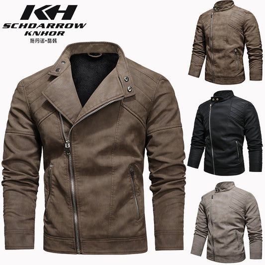 Veste en cuir PU pour homme, rembourrée, revers oblique, fermeture éclair, col montant coréen, blazer | KH-138 