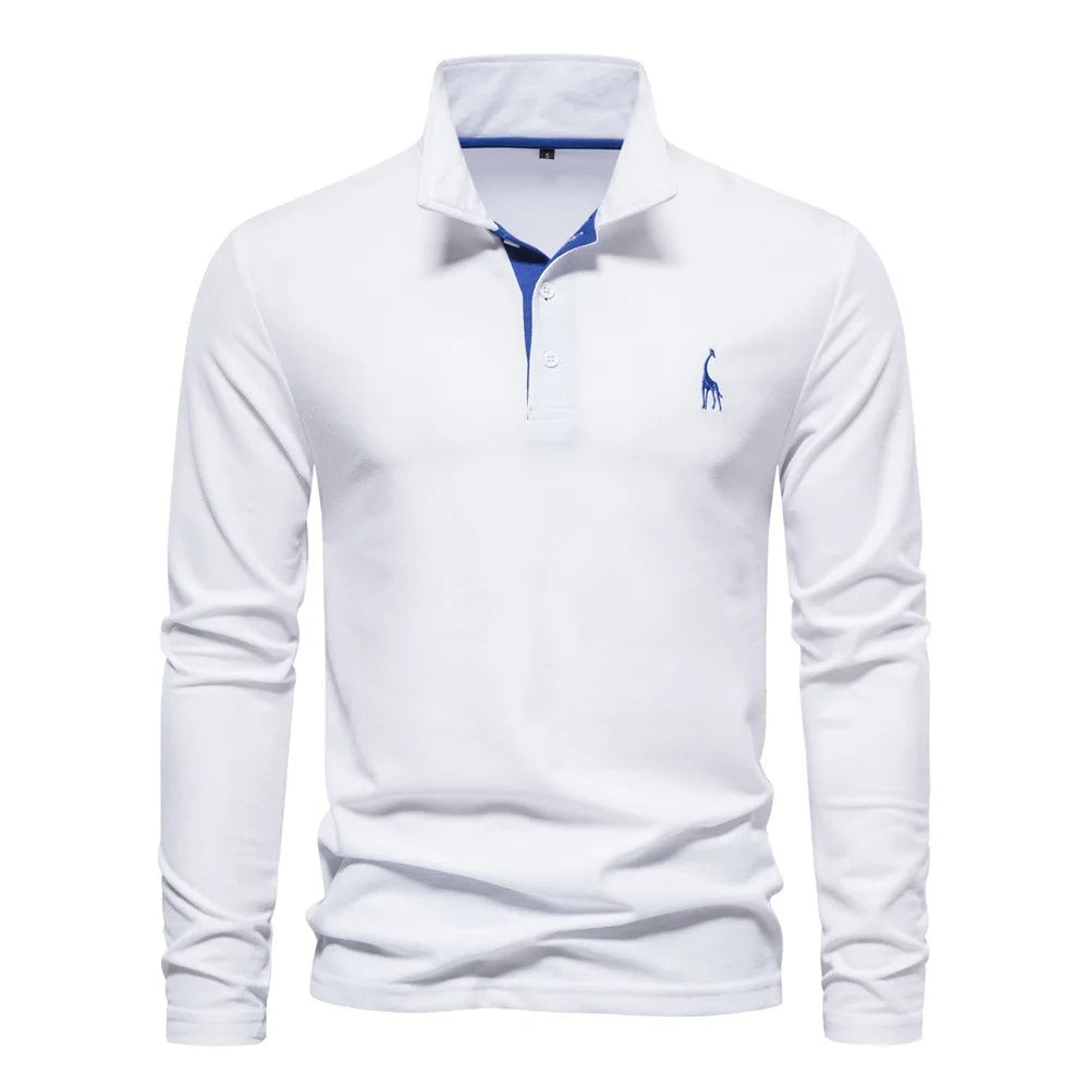 Herren Poloshirt aus Baumwolle, modisch, lässig, langärmelig, mit Hirsch-Stickerei-Design, T-Shirt für Männer | T12 