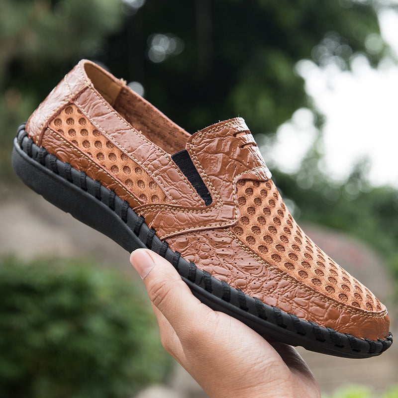 Leichte Herren-Loafer aus Rindsleder im Retro-Stil, handgenäht, zum Hineinschlüpfen mit weicher Mesh-Sohle für Outdoor-Reisen | HB3399 