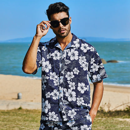 Camicia da uomo corta 2 pezzi hawaiana stampa tropicale ampia casual set | ST05 