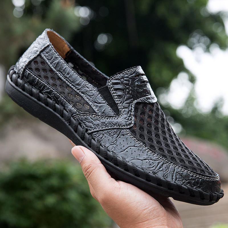 Leichte Herren-Loafer aus Rindsleder im Retro-Stil, handgenäht, zum Hineinschlüpfen mit weicher Mesh-Sohle für Outdoor-Reisen | HB3399 