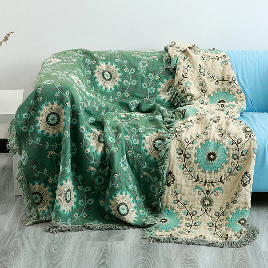 100% Organic Cotton Woven Blanket Reversible Boho Sofa Throw with Fringes for Armchair Sofa & Bed