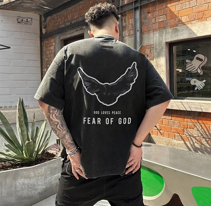 FOG Vintage Retro Taubendruck Halbarm T-Shirt Unisex Trendy Doppellinien Design T-Shirt | FOG 