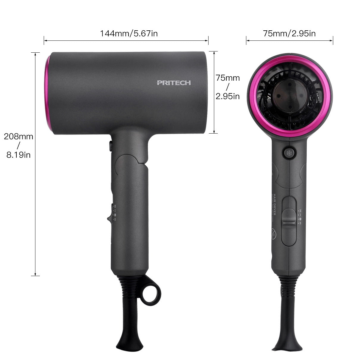 PRITECH High-Speed Travel Folding Hair Dryer DC Motor & Cool Shot Function | TC-2357