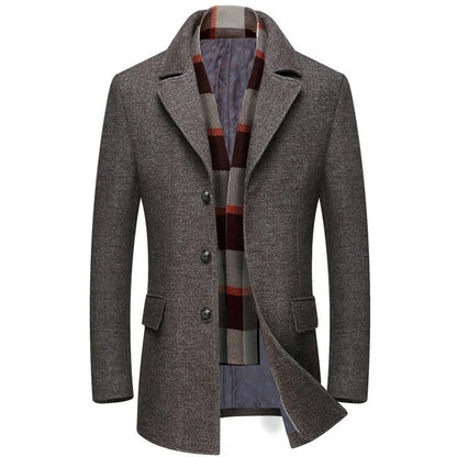 Men's Business Woolen Jacket Turn Down Collar Slim Fit Warm Mid Long Trench Overcoat