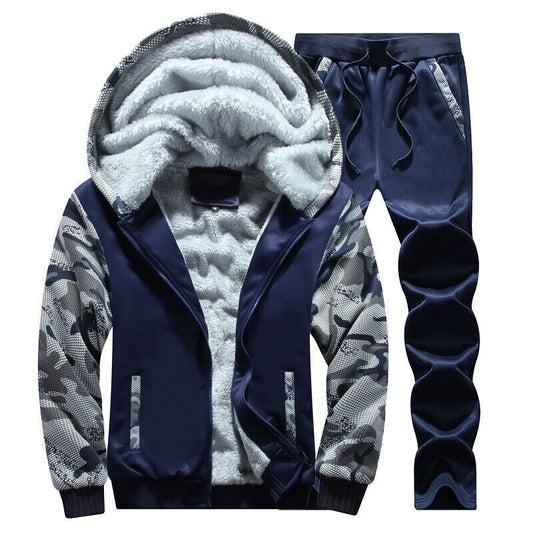 Men's Camouflage Tracksuit Zip Coat Winter Thick Fleece Hooded Jacket+Pants Sweat Suit