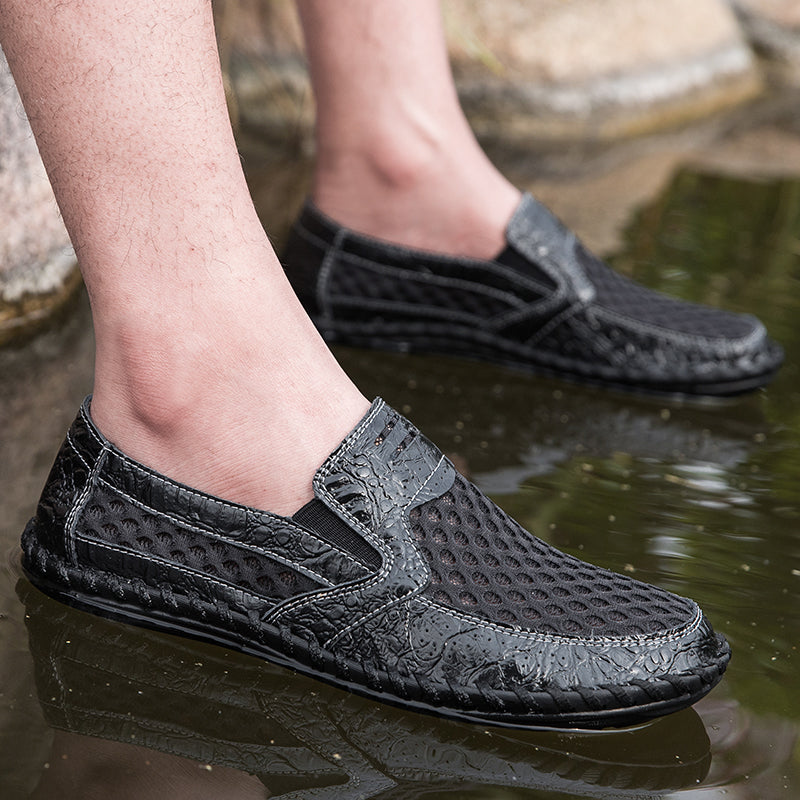 Men's Lightweight Loafers Cowhide Retro Hand-Sewn Slip-On Driving Shoes with Soft Mesh Sole for Outdoor Travel | HB3399