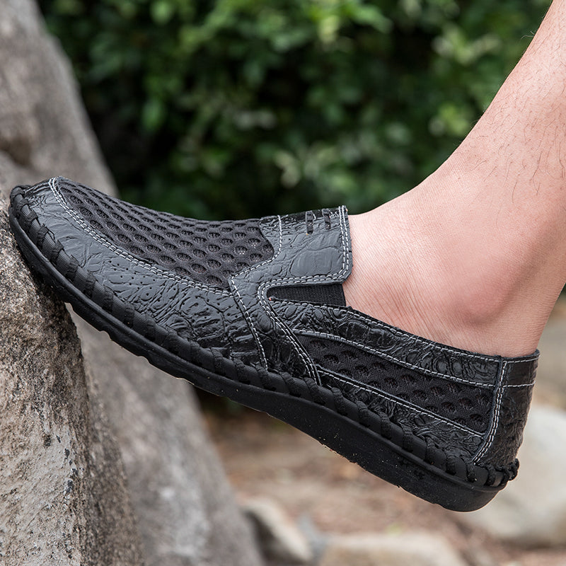 Leichte Herren-Loafer aus Rindsleder im Retro-Stil, handgenäht, zum Hineinschlüpfen mit weicher Mesh-Sohle für Outdoor-Reisen | HB3399 