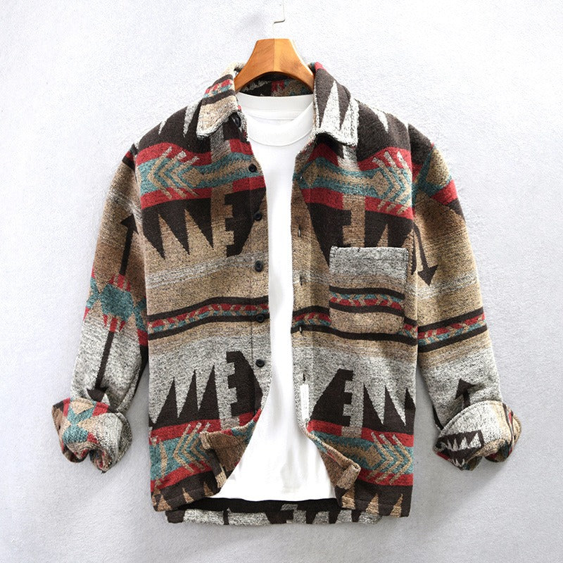 Herren Vintage Loose Fit Ethnic Aztec Geometric Print Shirt Top Pocket Woolen Shacket Plus Size Jacke | SYG-2580 