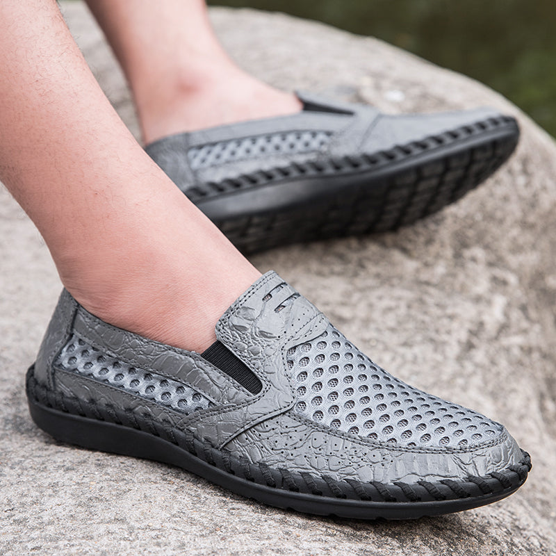 Leichte Herren-Loafer aus Rindsleder im Retro-Stil, handgenäht, zum Hineinschlüpfen mit weicher Mesh-Sohle für Outdoor-Reisen | HB3399 