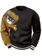 Herren-Sweatshirt mit Cartoon-Bär-Stickerei, Rundhalsausschnitt, Übergröße, Polyestergewebe, lebendiges Tiermuster, Oberteil, Freizeitkleidung, Strickstoffhemd