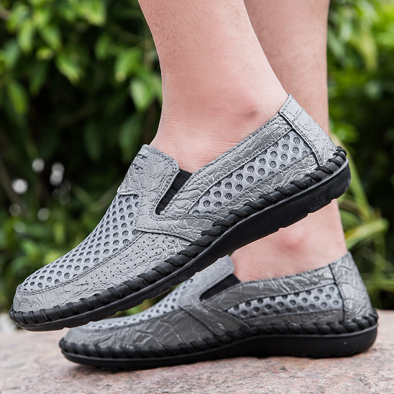 Leichte Herren-Loafer aus Rindsleder im Retro-Stil, handgenäht, zum Hineinschlüpfen mit weicher Mesh-Sohle für Outdoor-Reisen | HB3399 