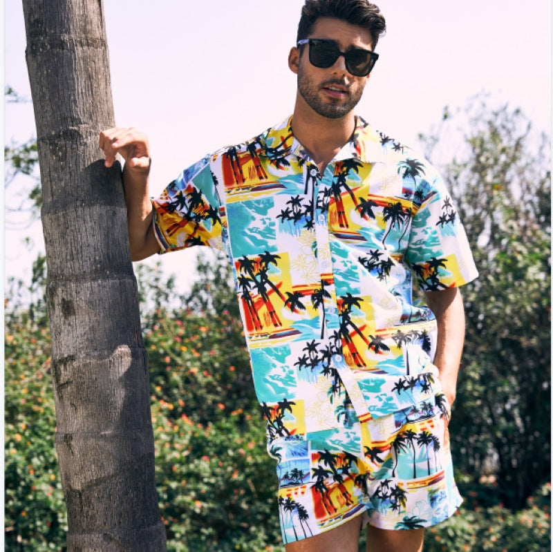 Camicia da uomo corta 2 pezzi hawaiana stampa tropicale ampia casual set | ST05 