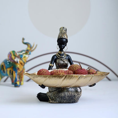 African Black Fruit Plate Ornament Resin Home Décor with Thai Style Folk Art Pattern Desktop Storage Decoration | RRW040