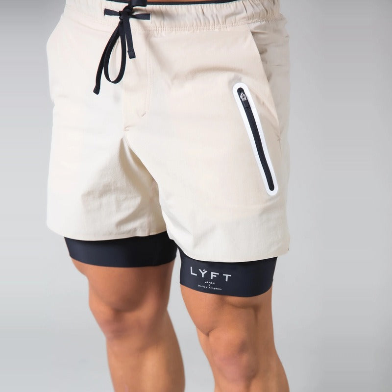 Short de sport à double épaisseur avec poche zippée pour homme, pour entraînement, course à pied, gym | DK-03 