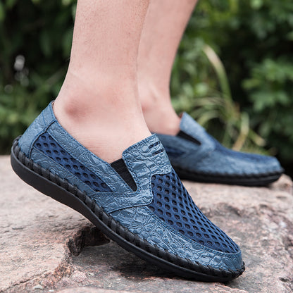 Men's Lightweight Loafers Cowhide Retro Hand-Sewn Slip-On Driving Shoes with Soft Mesh Sole for Outdoor Travel | HB3399