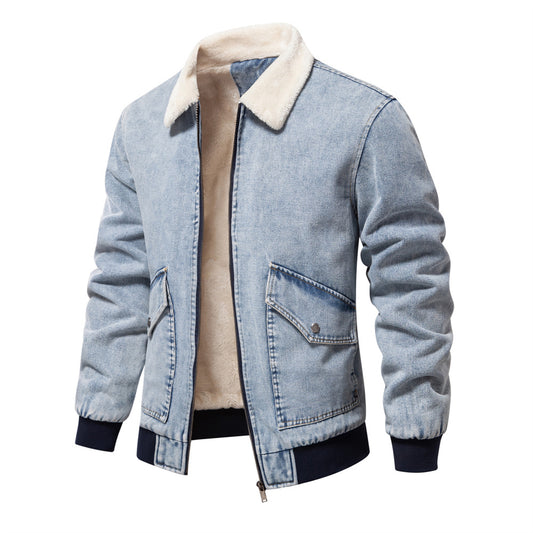 Men's Winter Thicken Lapel Denim Jacket Coat Long Sleeve Casual Splicing Tops | JK258