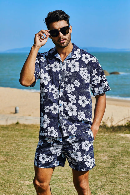 Camicia da uomo corta 2 pezzi hawaiana stampa tropicale ampia casual set | ST05 