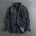 Herren Retro Heavy Distressed Denim Shirt Slim Fit Gestreiftes Langarmhemd | 8833 