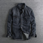 Herren Retro Heavy Distressed Denim Shirt Slim Fit Gestreiftes Langarmhemd | 8833 